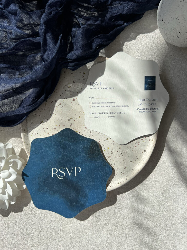 faire-part papeterie mariage ocean mer bleu vague blanc forme