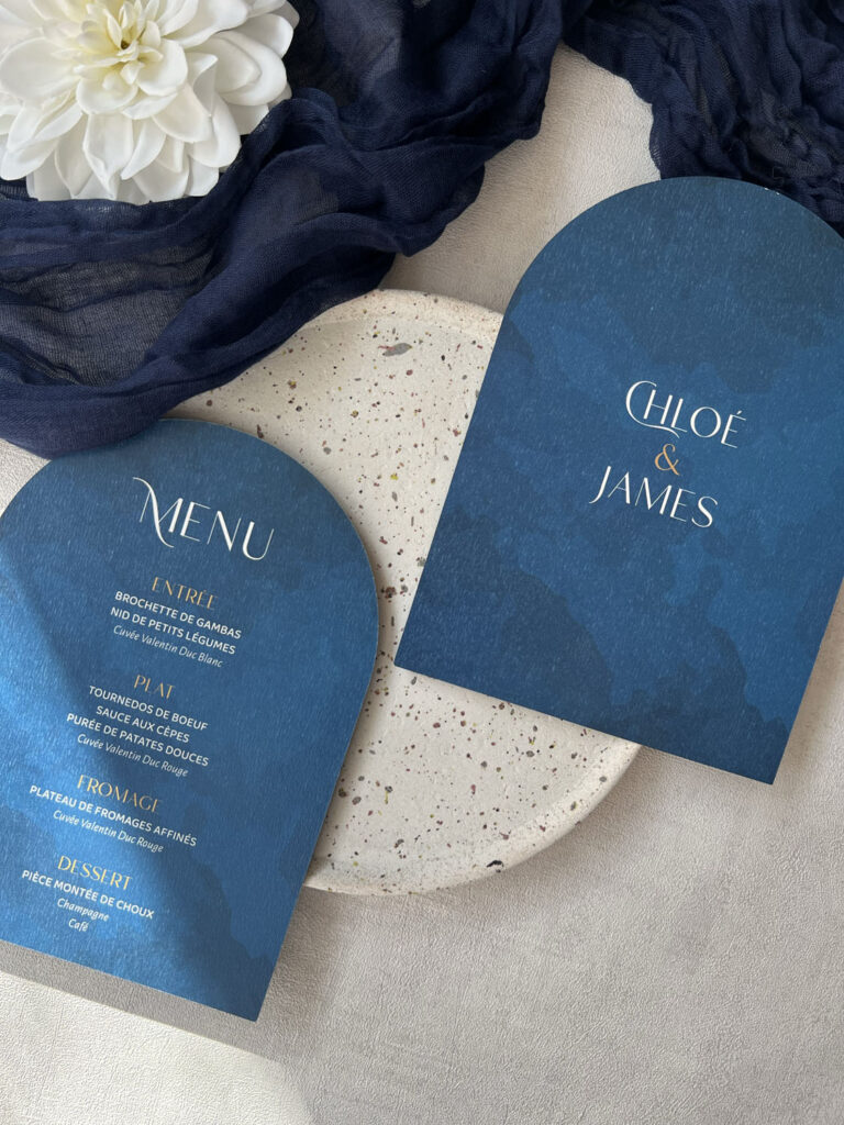 faire-part papeterie mariage ocean mer bleu vague blanc forme