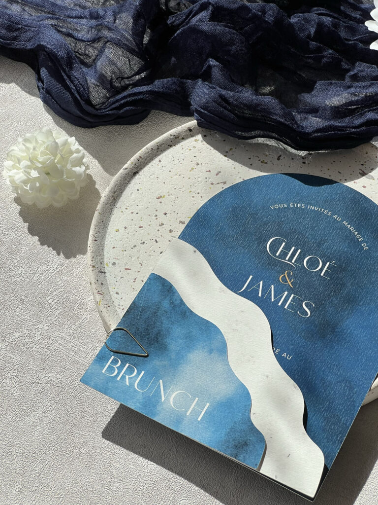 faire-part papeterie mariage ocean mer bleu vague blanc forme