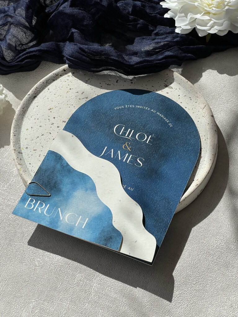faire-part papeterie mariage ocean mer bleu vague blanc forme