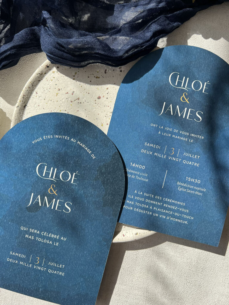 faire-part papeterie mariage ocean mer bleu vague blanc forme