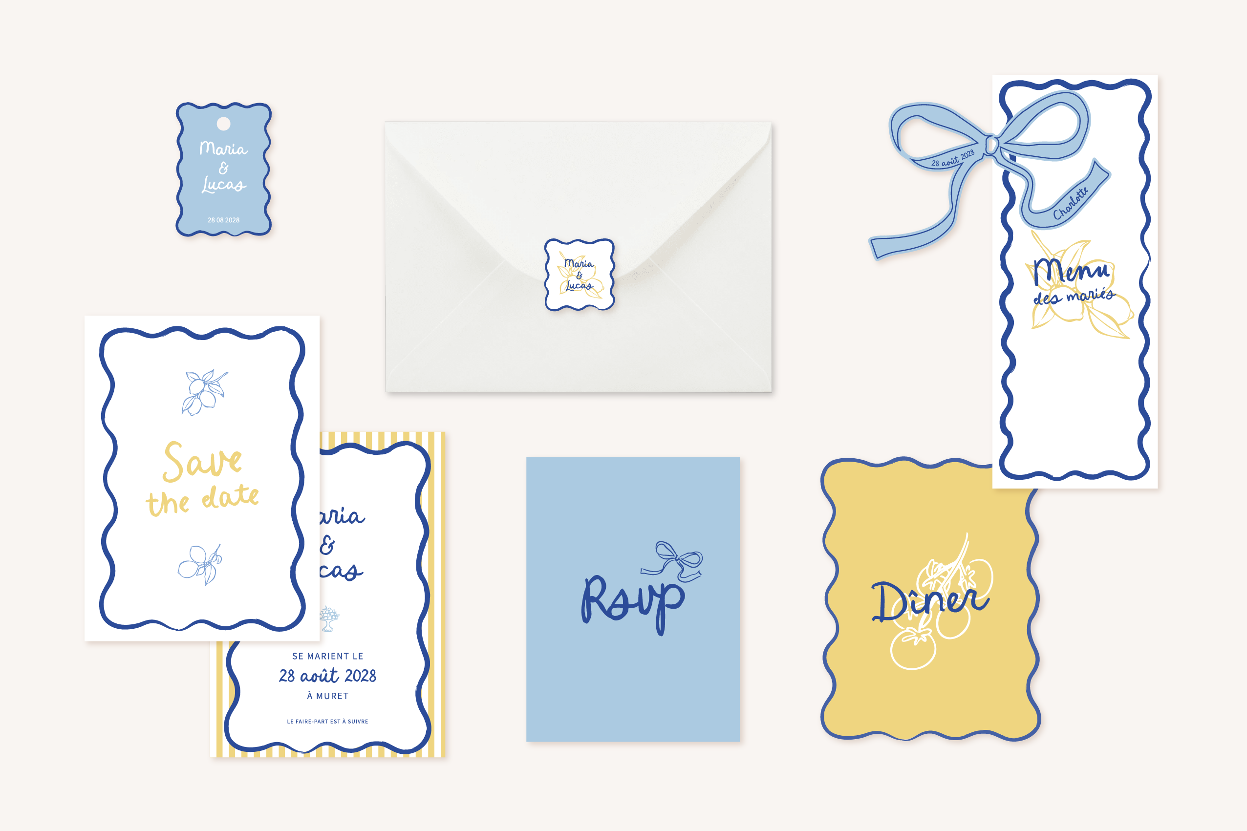 Faire-part mariage Dolce Vita Bleu et Jaune