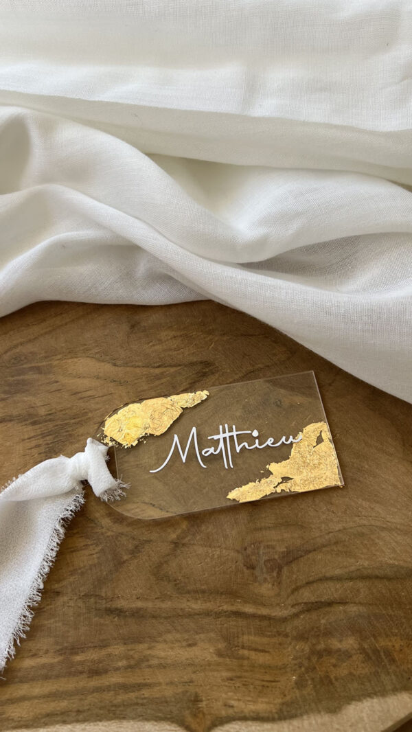 Étiquette prénom mariage plexi dorure transparent