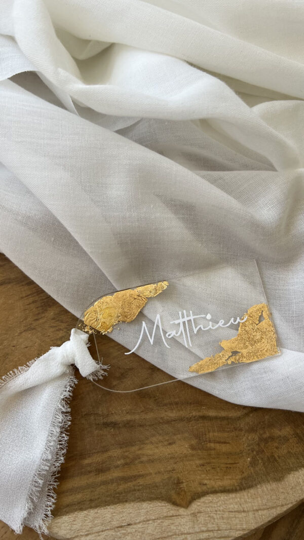 Étiquette prénom mariage plexi dorure transparent