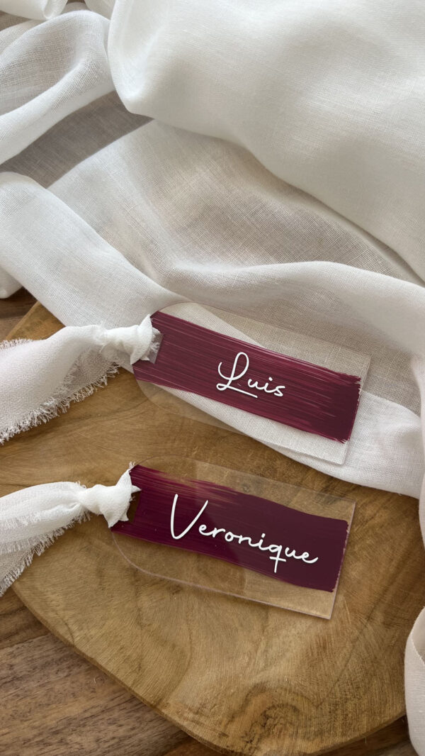 Étiquette prénom mariage plexi lie de vin transparent