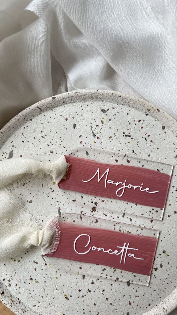 Étiquette prénom mariage plexi vieux rose transparent