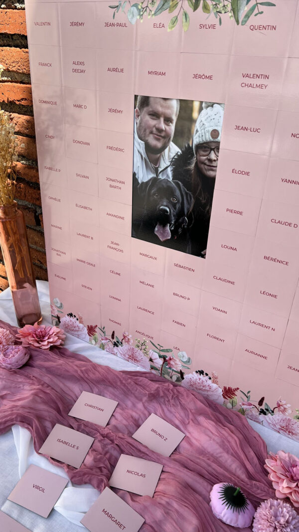 panneau mariage animation découverte photo cachée magnet magnétique fleurs pivoine floral