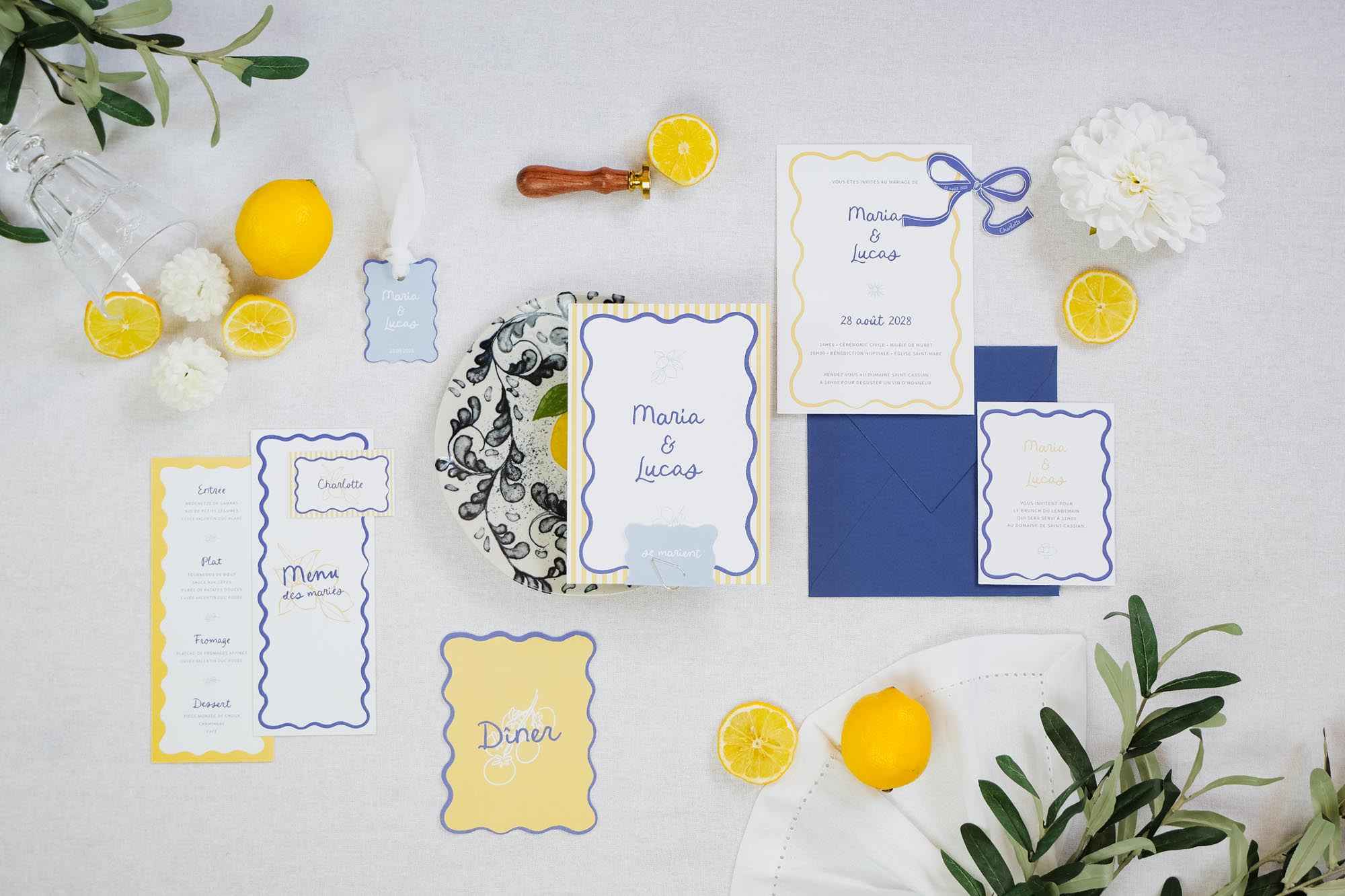Faire-part bleu et jaune dolce vita italie méditerranée
