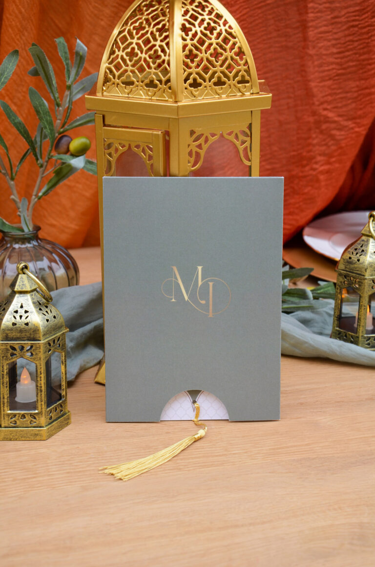 Faire-part mariage oriental Marrakech vert, beige et orange