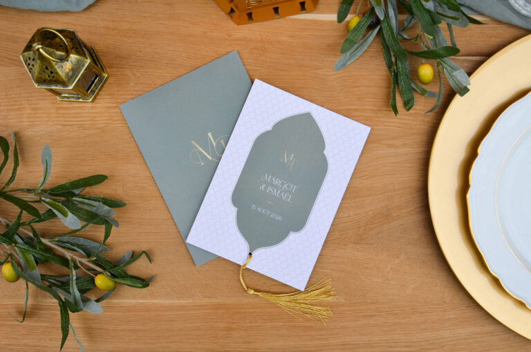 Faire-part mariage oriental Marrakech vert, beige et orange