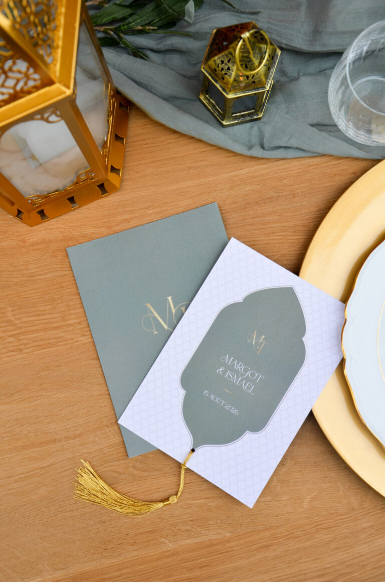 Faire-part mariage oriental Marrakech vert, beige et orange