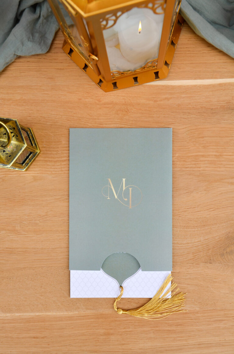 Faire-part mariage oriental Marrakech vert, beige et orange