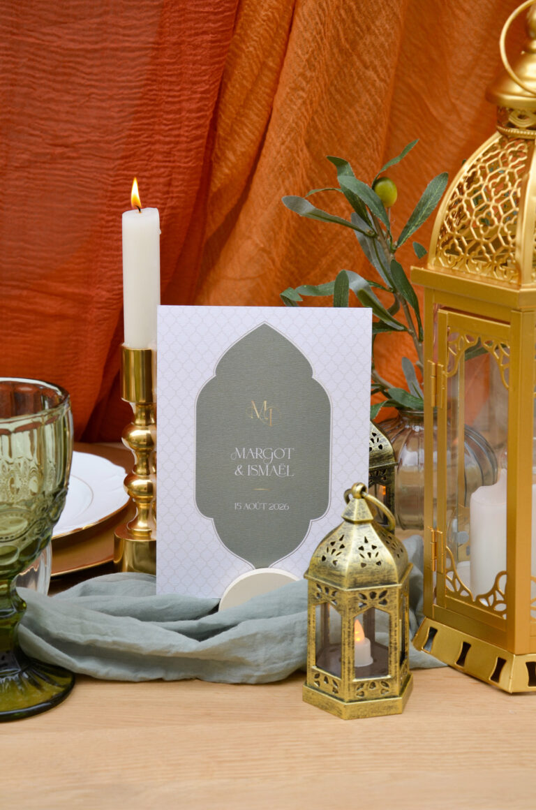 Faire-part mariage oriental Marrakech vert, beige et orange