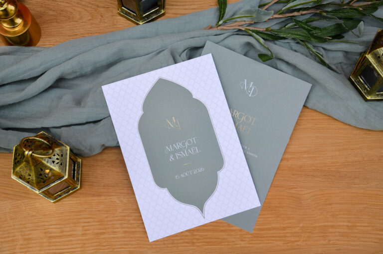 Faire-part mariage oriental Marrakech vert, beige et orange