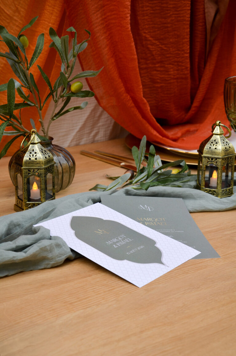 Faire-part mariage oriental Marrakech vert, beige et orange