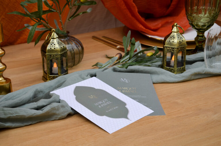 Faire-part mariage oriental Marrakech vert, beige et orange