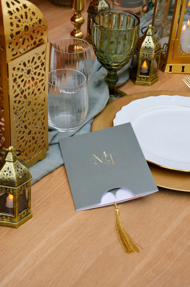 Faire-part mariage oriental Marrakech vert, beige et orange
